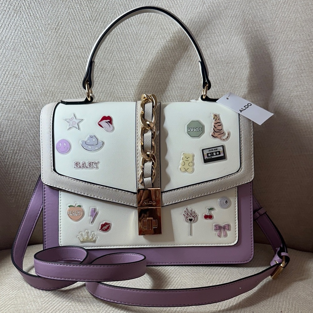 Aldo Cream and Purple Satchel with Fun Embellishments and Shoulder Strap